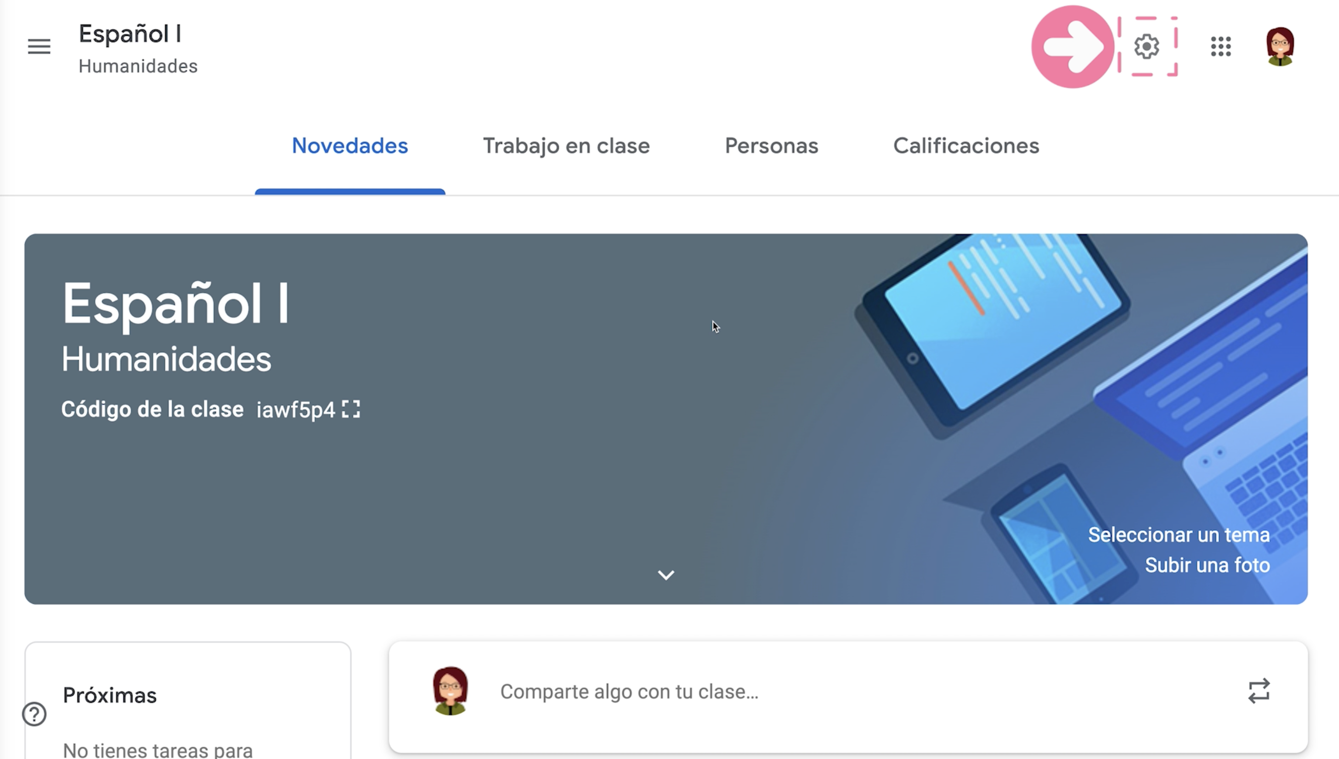 Hacer clic en botón Configuración para realizar ajustes sobre una clase en Google Classroom